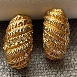 Christian Dior vintage gold & crystal pierced Chrysalis style half hoop earrings